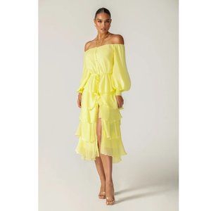 Off-Shoulder Yellow Tiered Midi Dress